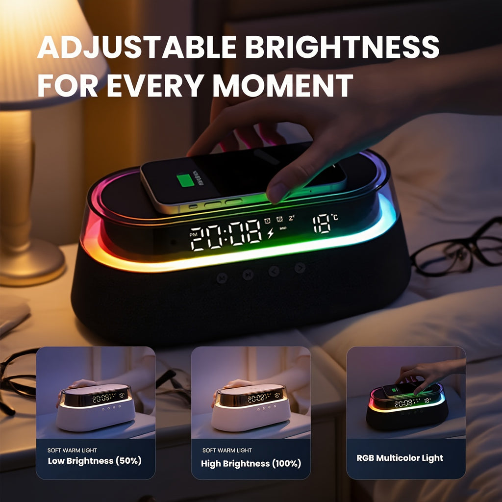This Is a 6-In-1 Multifunctional Alarm Clock That Features 15W Wireless Charging, a Wireless Speaker, FM Radio, Dual Alarms, an Indoor Temperature Display, an RGB Night Light, And a USB Charger, Making It Perfect for Your Bedside