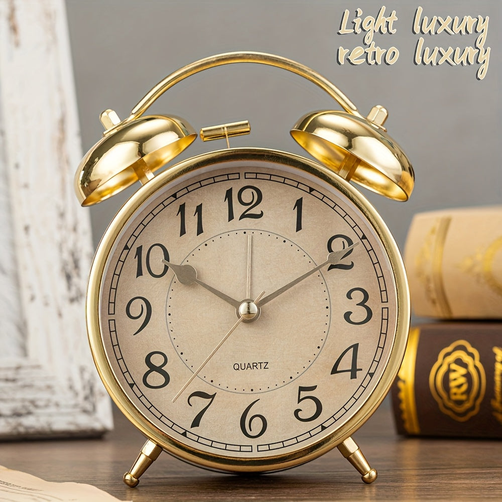 5.9-Inch Vintage Metal Retro Luxury Alarm Clock with Silent Running Time, Mechanical Double Bell Design & Night Light - Silent Alarm, Large Easy-to-Read Face, Round Arched Frame - For Bedroom, Living Room, Office, Dorm - Compatible With Aa Batteries