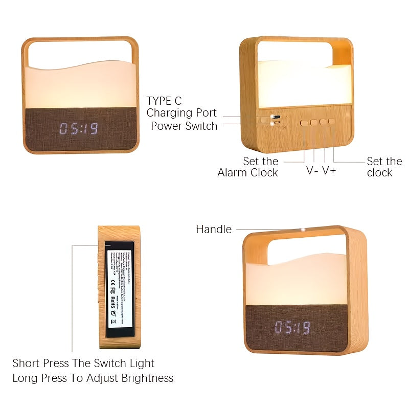 LED Bedside Lamp, Night Light with Alarm Clock, Time Display, Rechargeable Desk Night Light, Bedside Sleep Light, Portable LED Lamp, Adjustable Brightness Light, Soft Lighting Suitable for Home Bedrooms